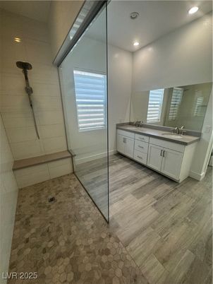 Bathroom, Dual Sink Vanities, Interior, Recessed Lighting, Wood Texture Flooring