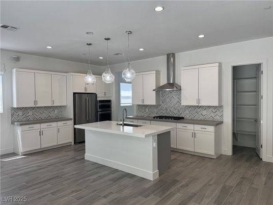 Interior, Kitchen, Pendant Lights, Recessed Lighting, Stainless Steel Appliances, Wood Texture Flooring