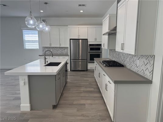 Interior, Kitchen, Pendant Lights, Recessed Lighting, Stainless Steel Appliances, Wood Texture Flooring