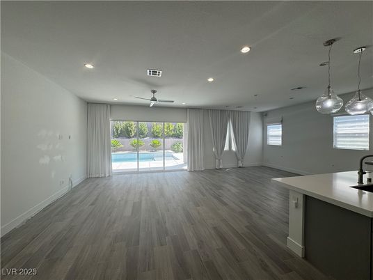 Empty room, Interior, Kitchen, Pendant Lights, Recessed Lighting, Wood Texture Flooring