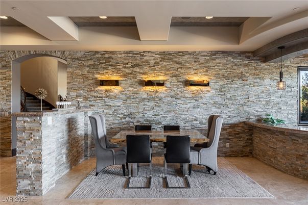 Dining room, Interior, Pendant Lights, Recessed Lighting, Stone Walls