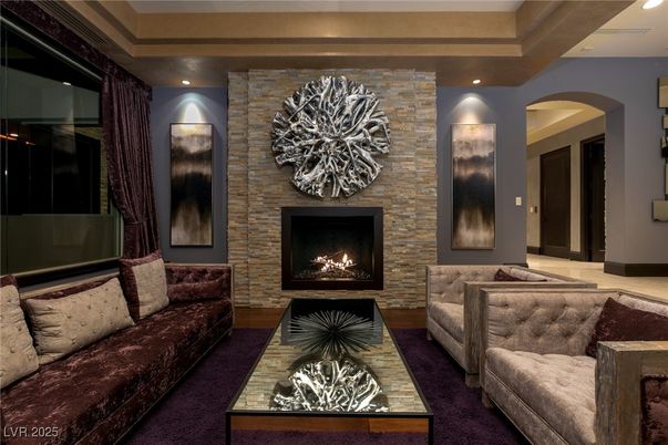 Fireplace, Interior, Living room, Recessed Lighting, Stone Walls