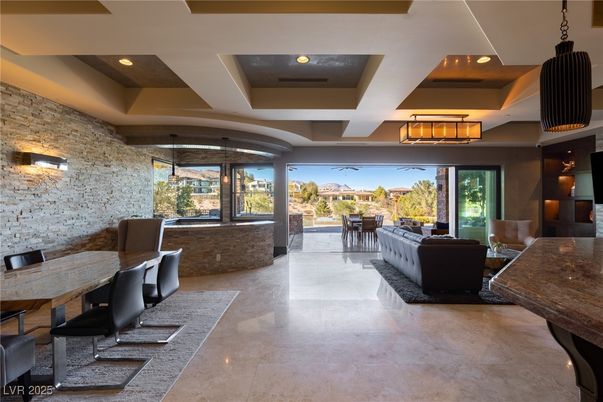 Dining room, Interior, Living room, Pendant Lights, Recessed Lighting, Stone Walls