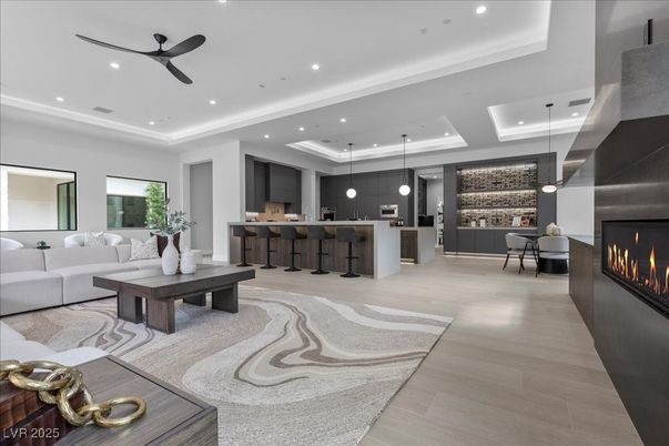 Fireplace, Interior, Living room, Pendant Lights, Recessed Lighting, Wood Texture Flooring
