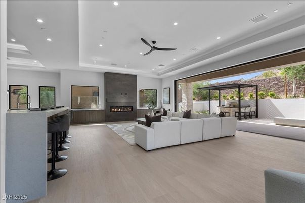 Fireplace, Interior, Living room, Recessed Lighting, Wood Texture Flooring