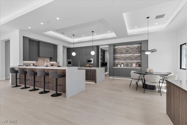 Dining room, Interior, Kitchen, Pendant Lights, Recessed Lighting, Wood Texture Flooring