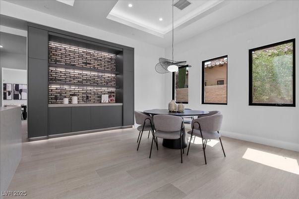 Dining room, Interior, Pendant Lights, Recessed Lighting, Wood Texture Flooring