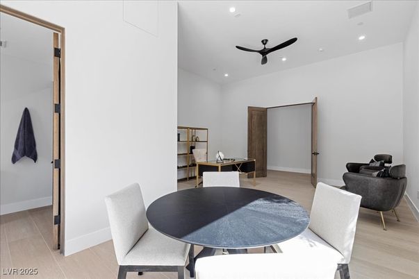 Dining room, Interior, Recessed Lighting, Wood Texture Flooring