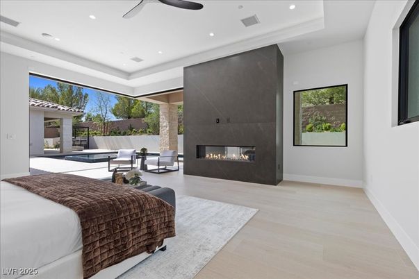Bedroom, Fireplace, Interior, Recessed Lighting, Wood Texture Flooring