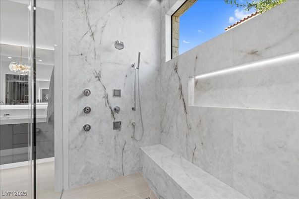 Bathroom, Glass Shower, Interior, Marble Walls, Recessed Lighting