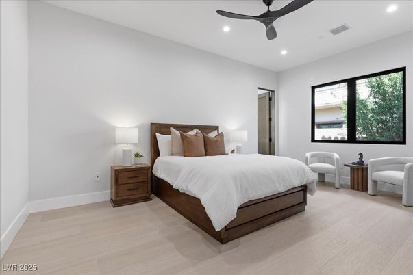 Bedroom, Interior, Recessed Lighting, Wood Texture Flooring