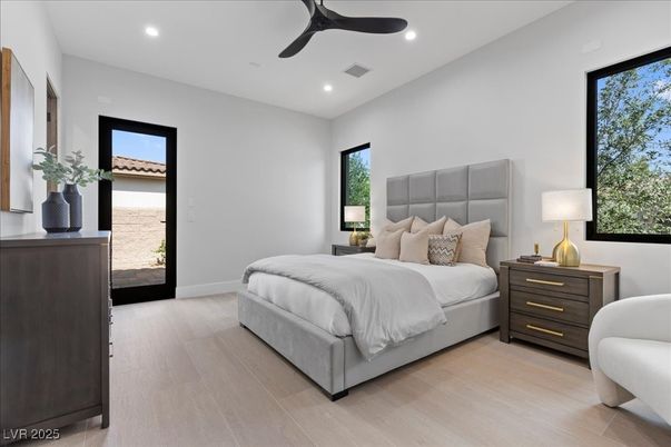 Bedroom, Interior, Recessed Lighting, Wood Texture Flooring