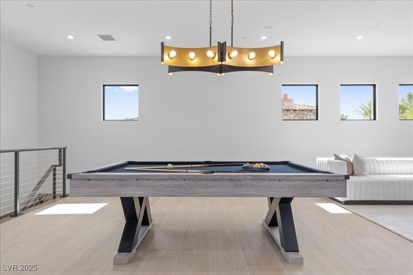 Billiard Table, Chandelier, Game Room, Interior, Recessed Lighting, Wood Texture Flooring