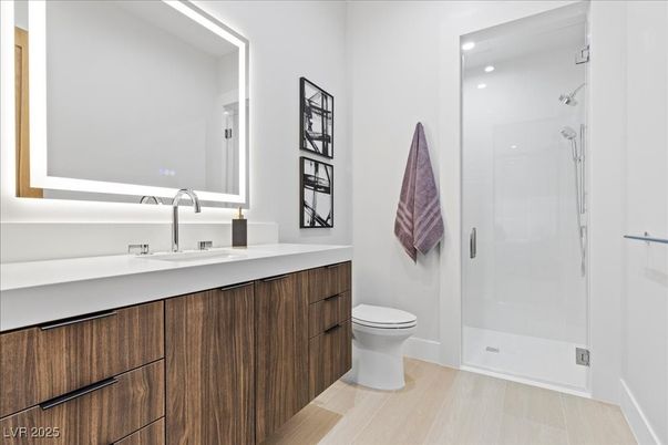 Bathroom, Glass Shower, Interior, Recessed Lighting, Wood Texture Flooring