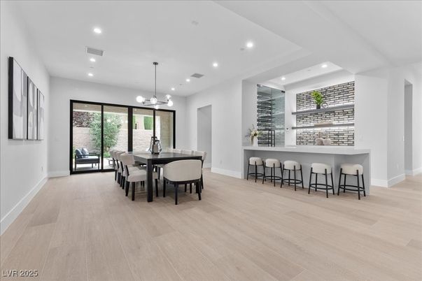 Dining room, Interior, Pendant Lights, Recessed Lighting, Wood Texture Flooring