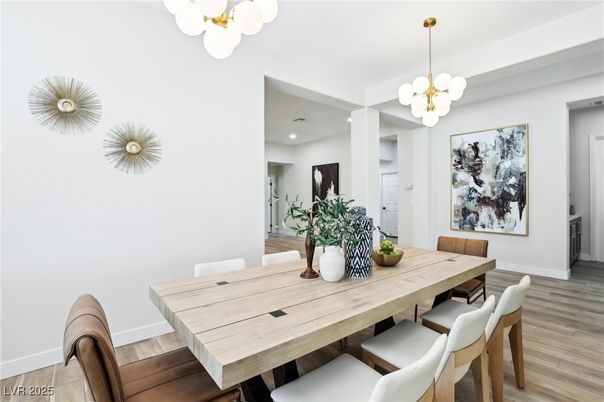 Dining room, Interior, Pendant Lights, Recessed Lighting, Wood Texture Flooring