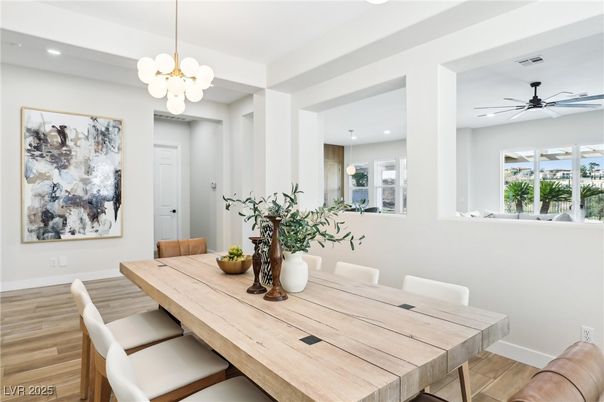 Dining room, Interior, Pendant Lights, Recessed Lighting, Wood Texture Flooring