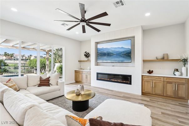 Fireplace, Interior, Living room, Recessed Lighting, Wood Texture Flooring