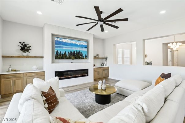 Fireplace, Interior, Living room, Recessed Lighting, Wood Texture Flooring