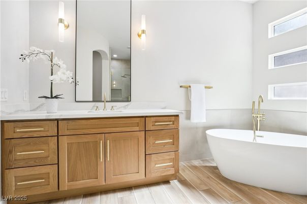 Bathroom, Dual Sink Vanities, Free Standing Baths, Interior, Wood Texture Flooring