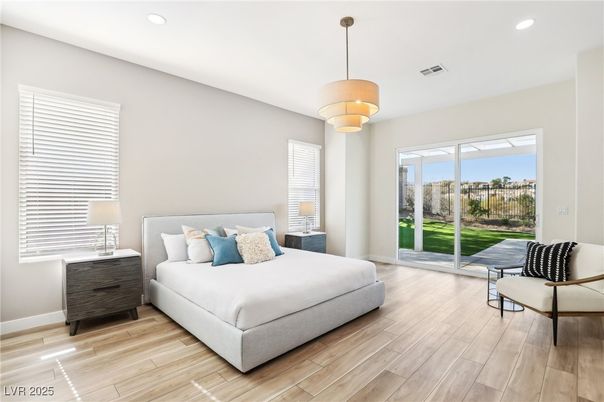 Bedroom, Interior, Pendant Lights, Recessed Lighting, Wood Texture Flooring