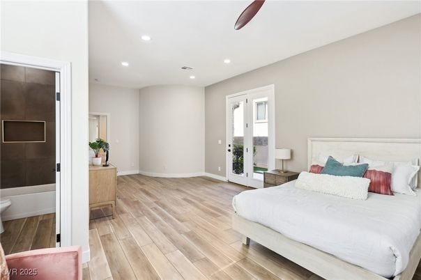 Bedroom, Interior, Recessed Lighting, Wood Texture Flooring