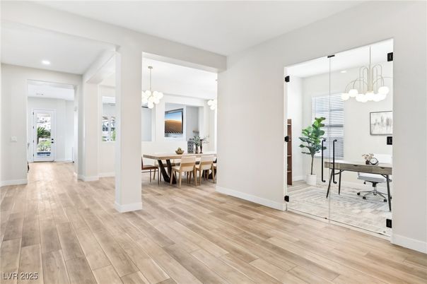 Chandelier, Home Office, Interior, Pendant Lights, Recessed Lighting, Wood Texture Flooring