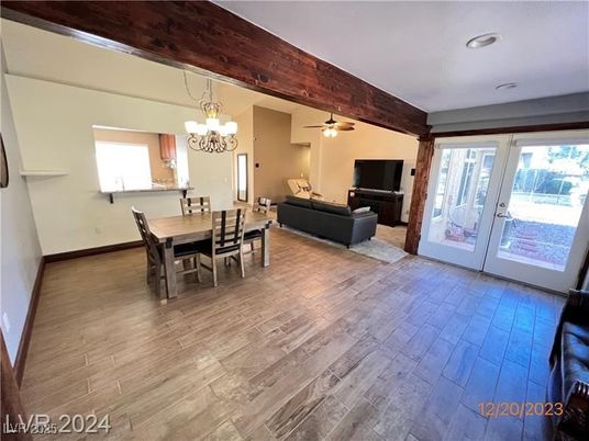 Chandelier, Dining room, Interior, Living room, Recessed Lighting, Wooden Beams, Wood Texture Flooring