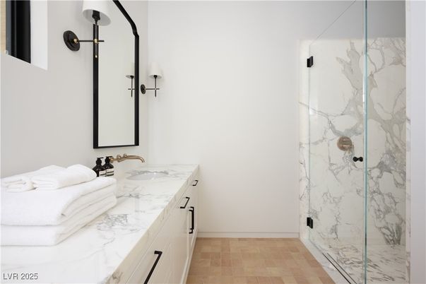 Bathroom, Dual Sink Vanities, Glass Shower, Interior, Marble Walls