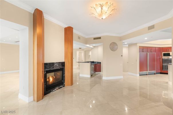 Fireplace, Interior, Kitchen, Recessed Lighting, Stainless Steel Appliances