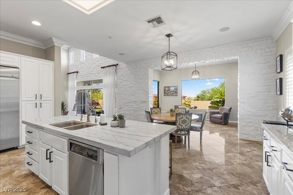 Dining room, Interior, Kitchen, Pendant Lights, Recessed Lighting, Stainless Steel Appliances, Stone Walls