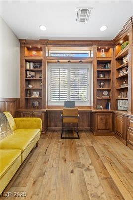 Home Office, Interior, Recessed Lighting, Wood Texture Flooring, Wooden Walls