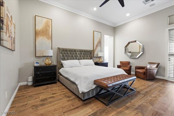 Bedroom, Interior, Recessed Lighting, Wood Texture Flooring