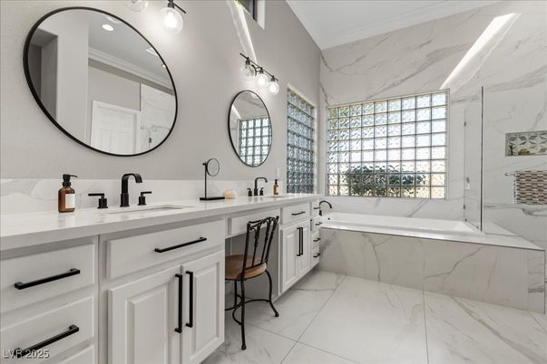 Bathroom, Dual Sink Vanities, Glass Shower, Interior, Marble, Marble Walls