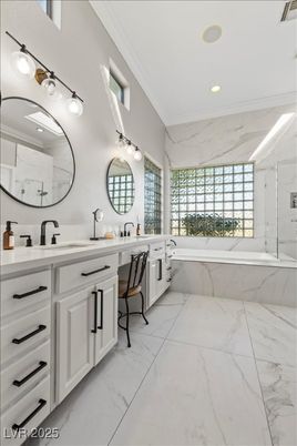Bathroom, Dual Sink Vanities, Interior, Marble, Marble Walls, Recessed Lighting