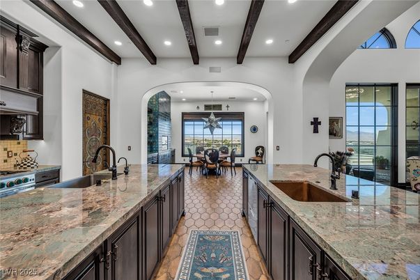 Dining room, Interior, Kitchen, Pendant Lights, Recessed Lighting, Wooden Beams