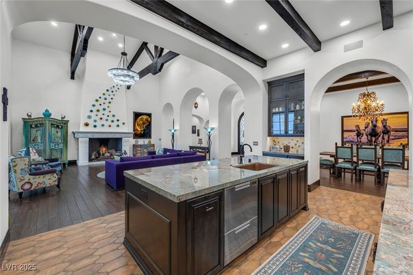 Chandelier, Dining room, Fireplace, Interior, Kitchen, Living room, Pendant Lights, Recessed Lighting, Wooden Beams