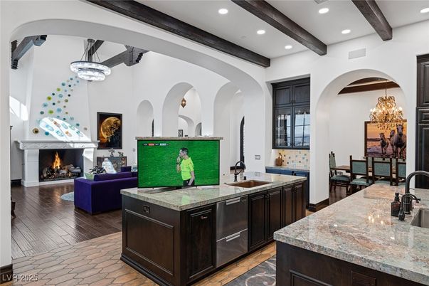 Chandelier, Dining room, Fireplace, Interior, Kitchen, Living room, Pendant Lights, Recessed Lighting, Wooden Beams, Wood Texture Flooring