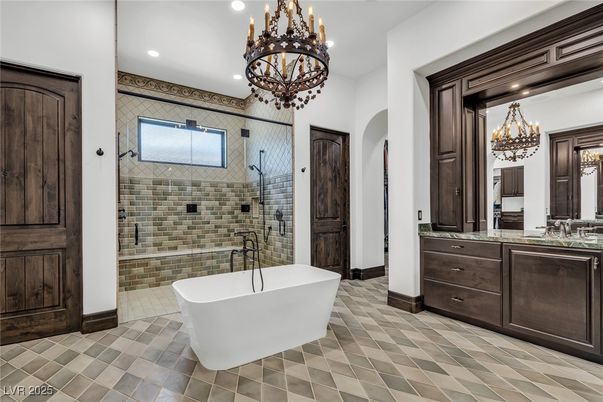 Bathroom, Chandelier, Dual Sink Vanities, Free Standing Baths, Interior, Recessed Lighting