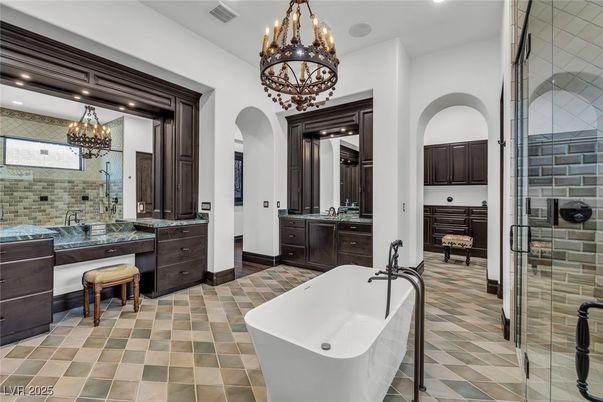 Bathroom, Chandelier, Dual Sink Vanities, Free Standing Baths, Glass Shower, Interior, Pendant Lights, Recessed Lighting