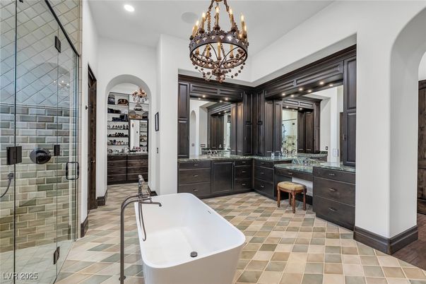 Bathroom, Chandelier, Dual Sink Vanities, Free Standing Baths, Glass Shower, Interior, Recessed Lighting, Walk-in Closets