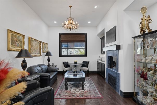 Chandelier, Dining room, Fireplace, Interior, Living room, Recessed Lighting, Wood Texture Flooring