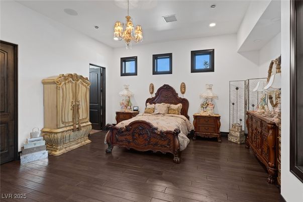Bedroom, Chandelier, Interior, Recessed Lighting, Wood Texture Flooring