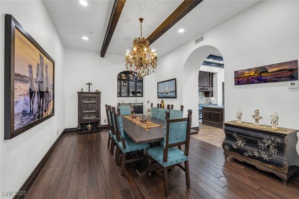 Chandelier, Dining room, Interior, Recessed Lighting, Wooden Beams, Wood Texture Flooring