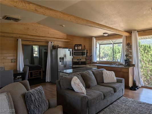 Interior, Kitchen, Living room, Stainless Steel Appliances, Wooden Beams, Wood Texture Flooring, Wooden Walls