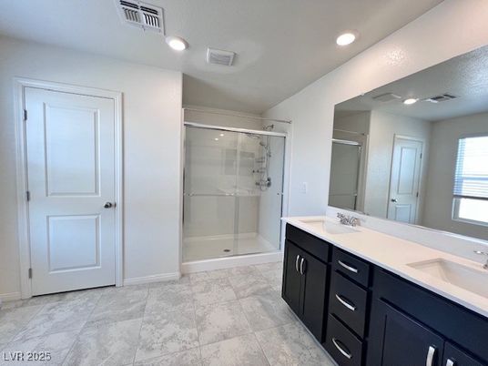 Bathroom, Dual Sink Vanities, Glass Shower, Interior, Recessed Lighting
