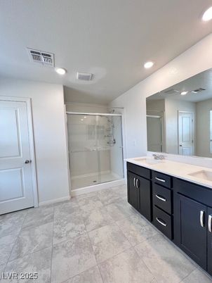 Bathroom, Dual Sink Vanities, Glass Shower, Interior, Recessed Lighting