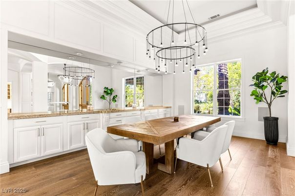 Dining room, Interior, Pendant Lights, Wood Texture Flooring