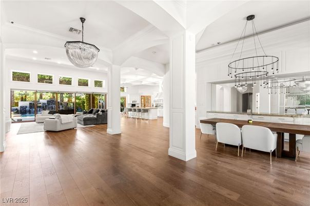 Chandelier, Dining room, Interior, Living room, Pendant Lights, Recessed Lighting, Wood Texture Flooring