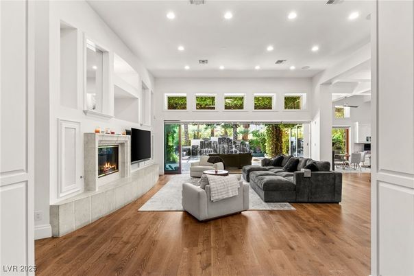 Fireplace, Interior, Living room, Recessed Lighting, Wood Texture Flooring